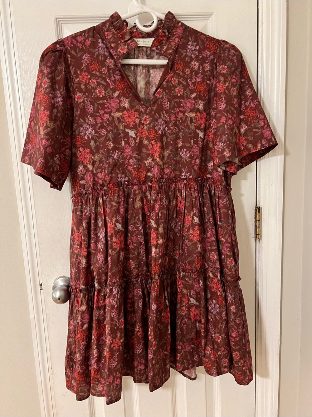 Floral Tiered V-Neck Babydoll Dress in Burgundy and Pink